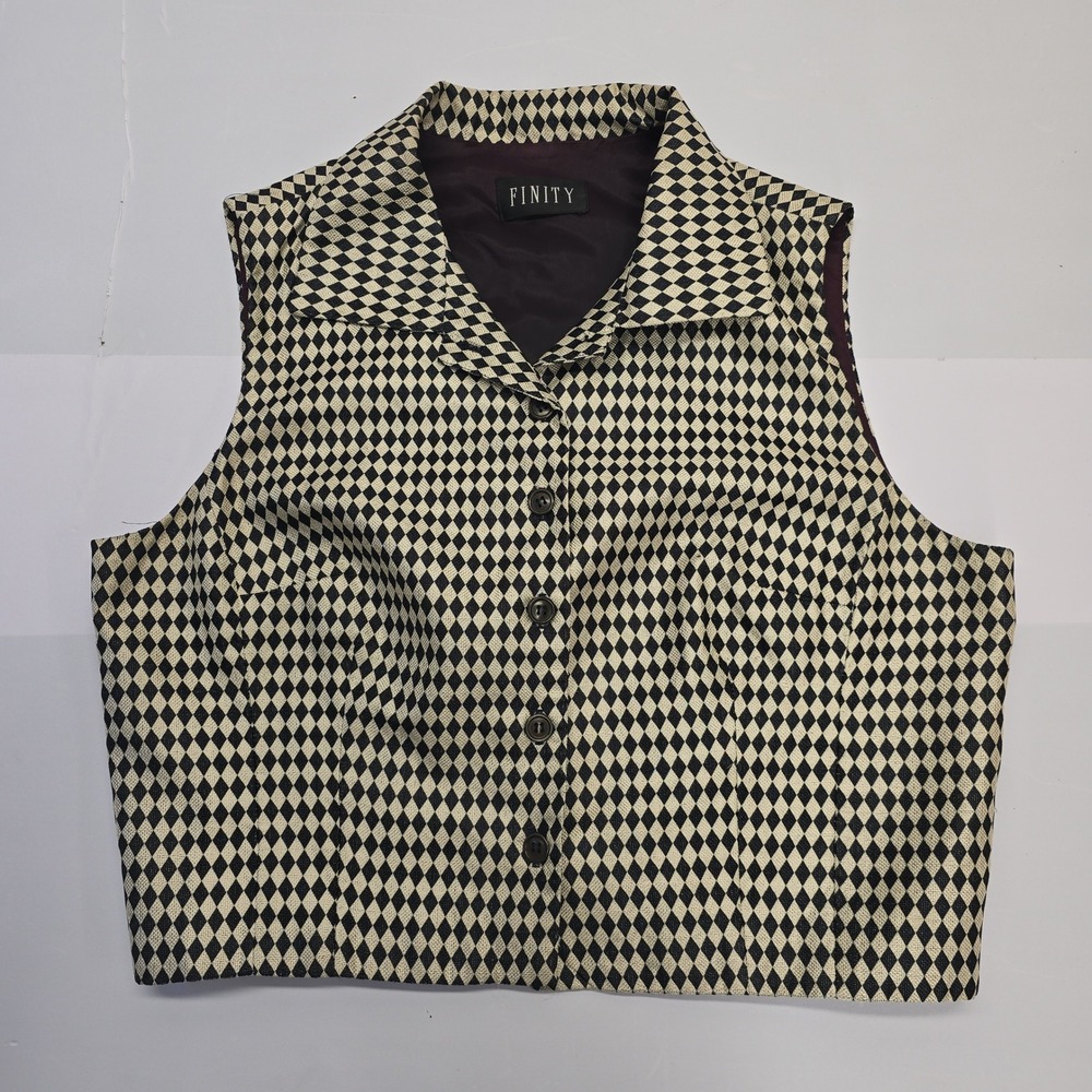 Finity Womens Harlequin Diamond Print Button Front Vest Top Black Cream Tan‎